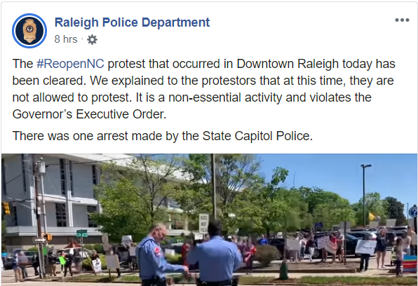 Tyranny Watch: Raleigh PD Breaking up Lawful Protest Today (4/14/20)